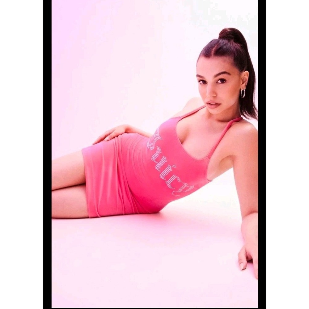 Juicy Couture Velour Mini Dress Strappy Coral Pink Velvet Bodycon Large - Picture 5 of 9